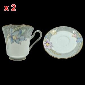 2 Mikasa Charisma Gray L9049 Teacup Cup Saucer Floral 2pc Dinnerware VTG